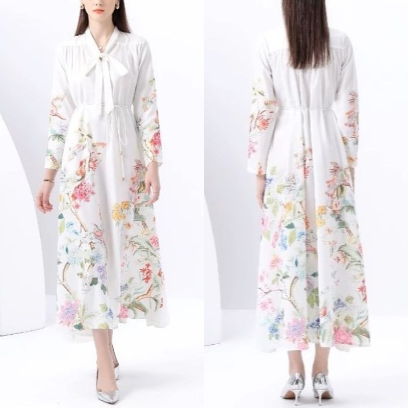 ☆長袖☆花柄 ボウタイ ロング丈 ワンピース パーティ ドレス
