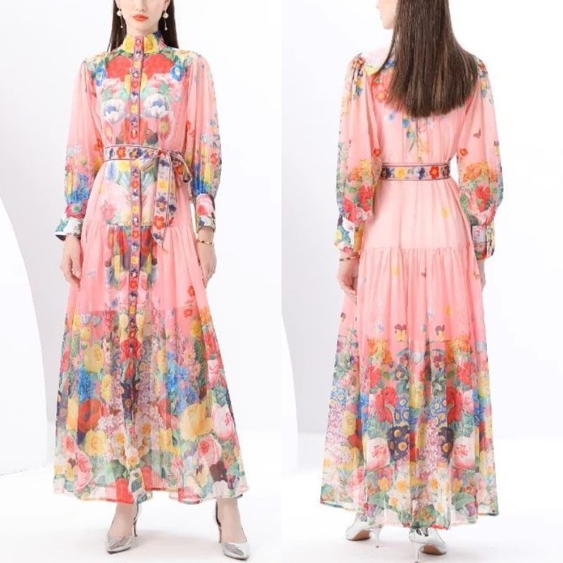 ☆長袖☆ハイネック 花柄 ロング丈 ワンピース パーティ ドレス