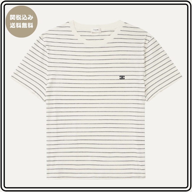 関税込み【CELINE】コットンジャージー Tシャツ ストライプ柄 CELINE セリーヌ Tシャツ コットンジャージー ストライプ ロゴ