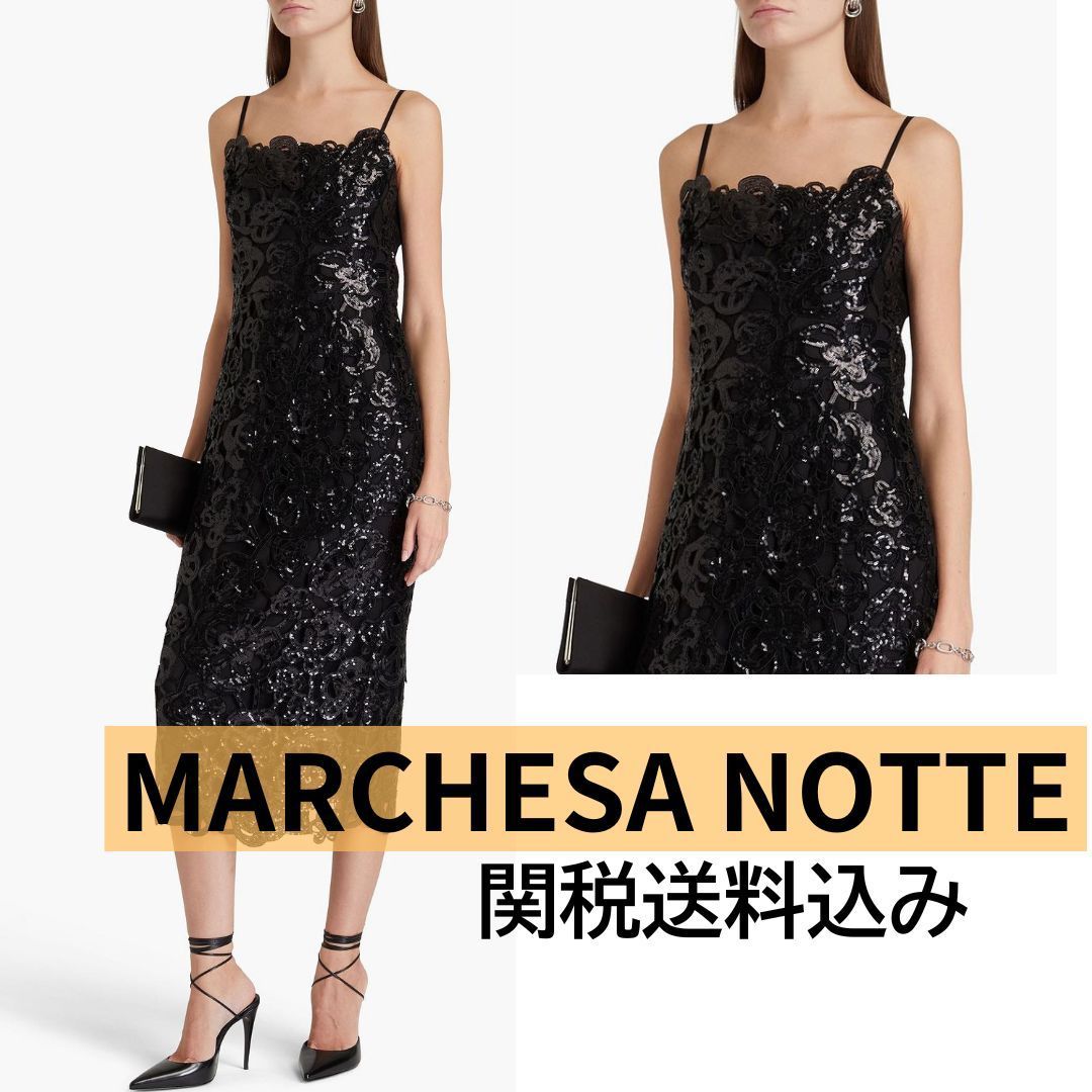 【MARCHESA NOTTE】レース ミディワンピース スパンコール付き