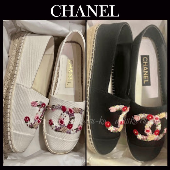 可愛い花柄刺繍【CHANEL】シャネル スリッポン フラットシューズ