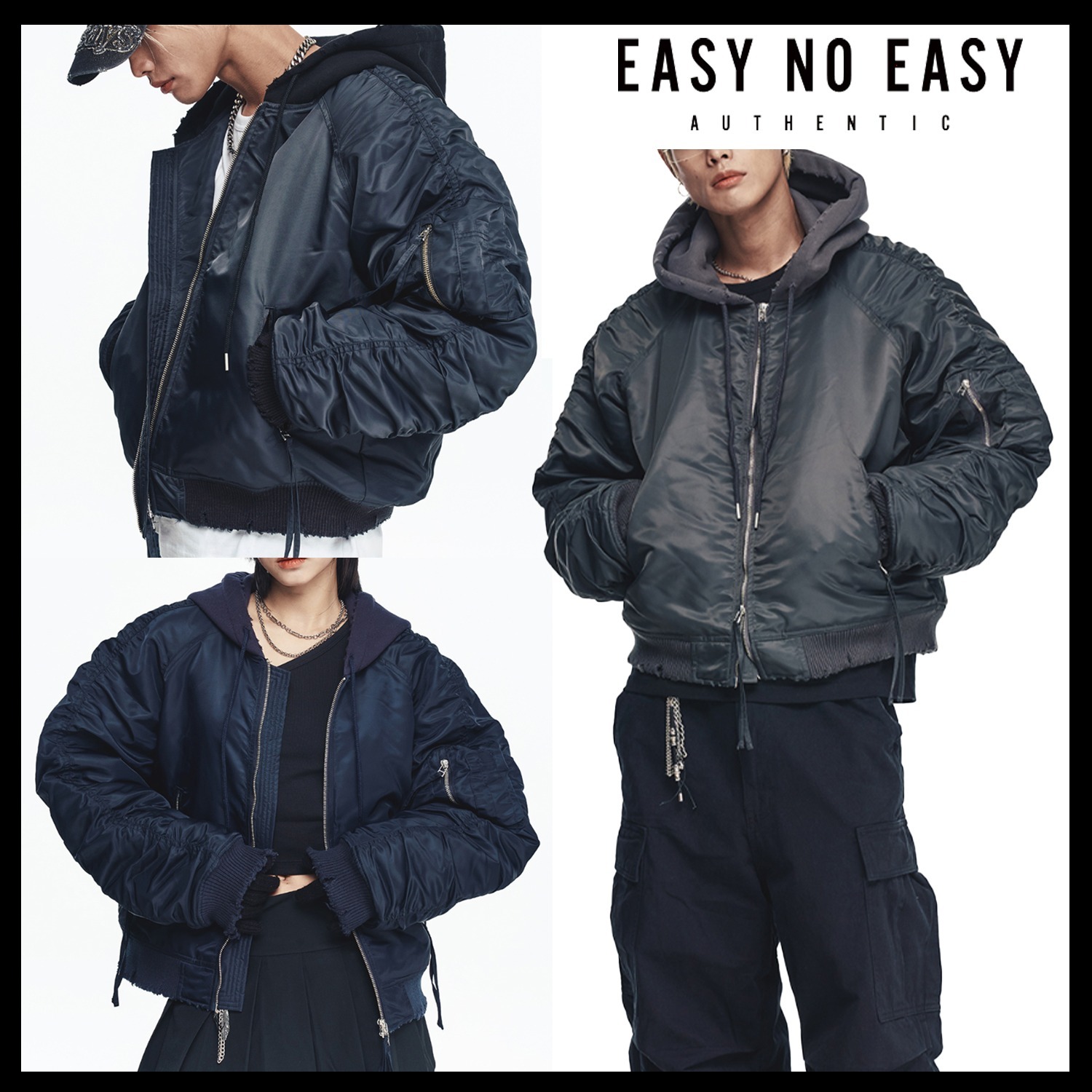 【EASY NO EASY】Destroyed Shirring Hood ma-1★男女兼用★