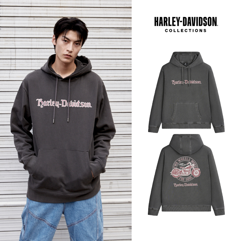 ◆Harley Davidson◆ Pigment Dying Two Wheels Hoodie Charcoal