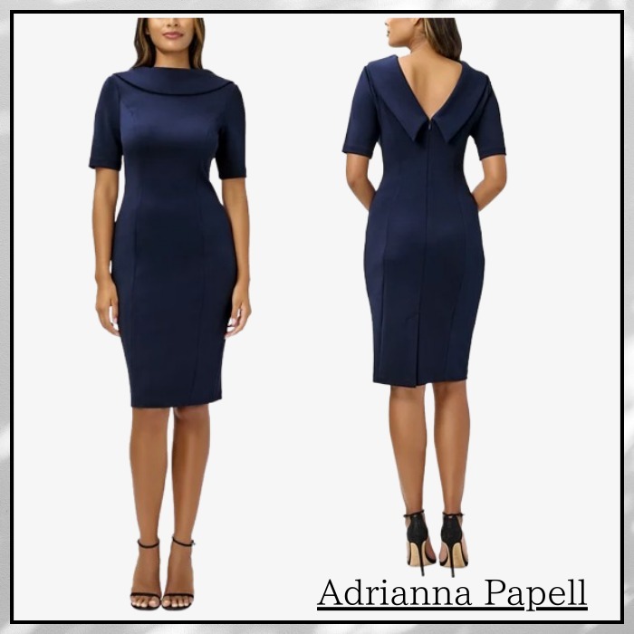 Adrianna Papell 折り返しネック Vバック ワンピース ドレス