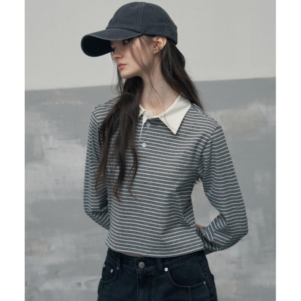 Tシャツ・カットソー ^LEATHERY^ Multi-stripe cropped rugby shirt MELANGE GRAY LRT