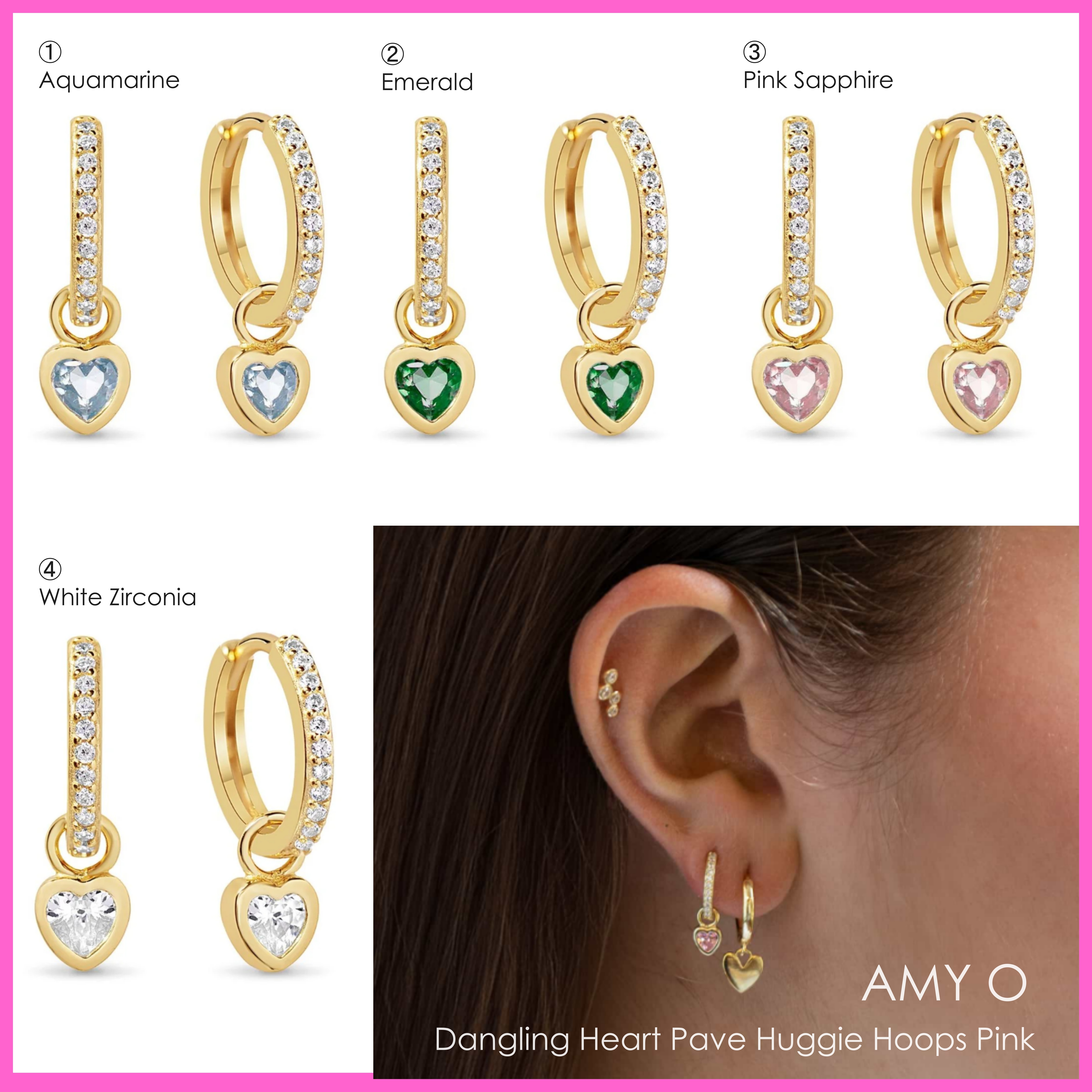 送税込【AMY O】Dangling Heart Pave Huggie Hoops (4色) 国内発
