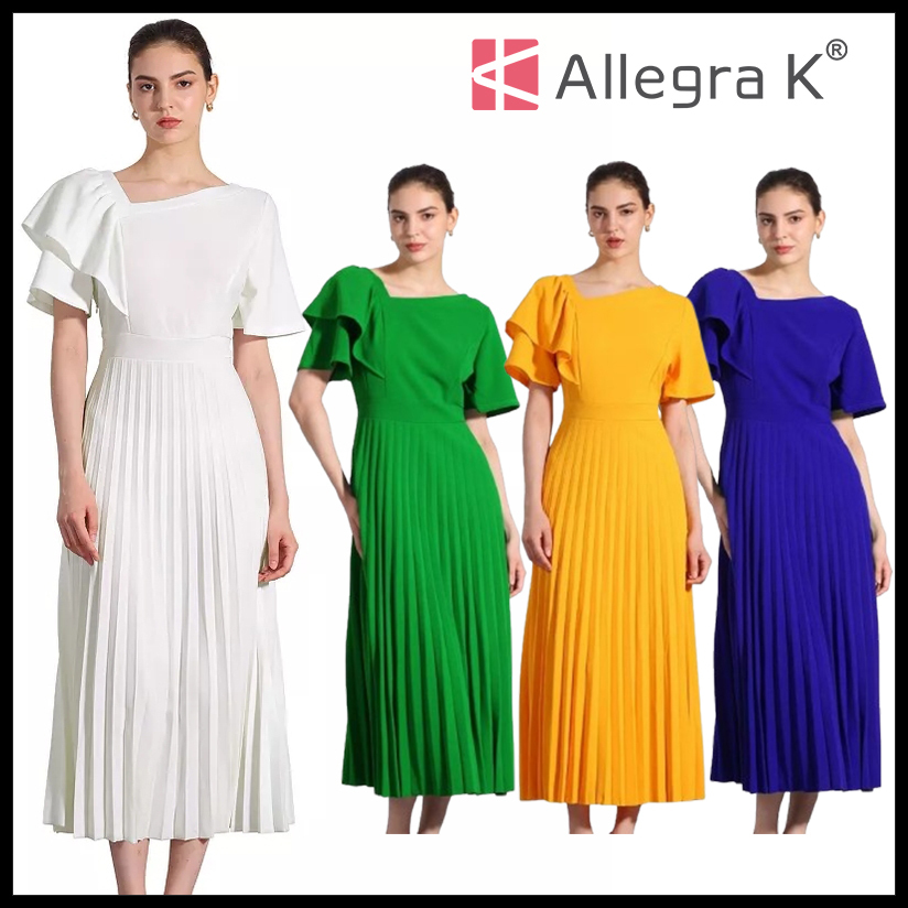 ALLEGRA K アシメントリーネックプリーツミディドレス