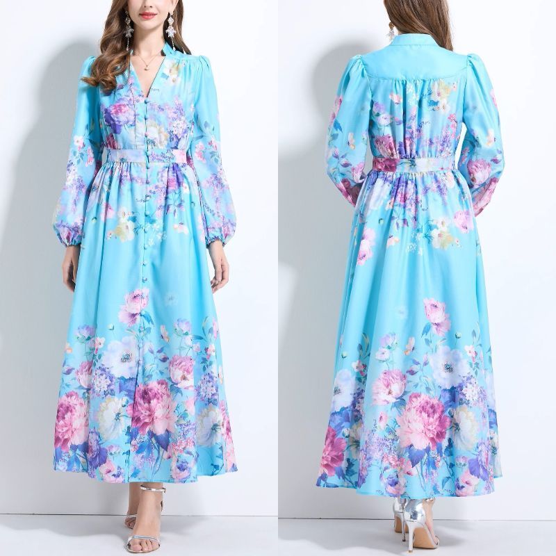 ☆長袖☆スキッパー 花柄 ロング丈 ワンピース パーティ ドレス