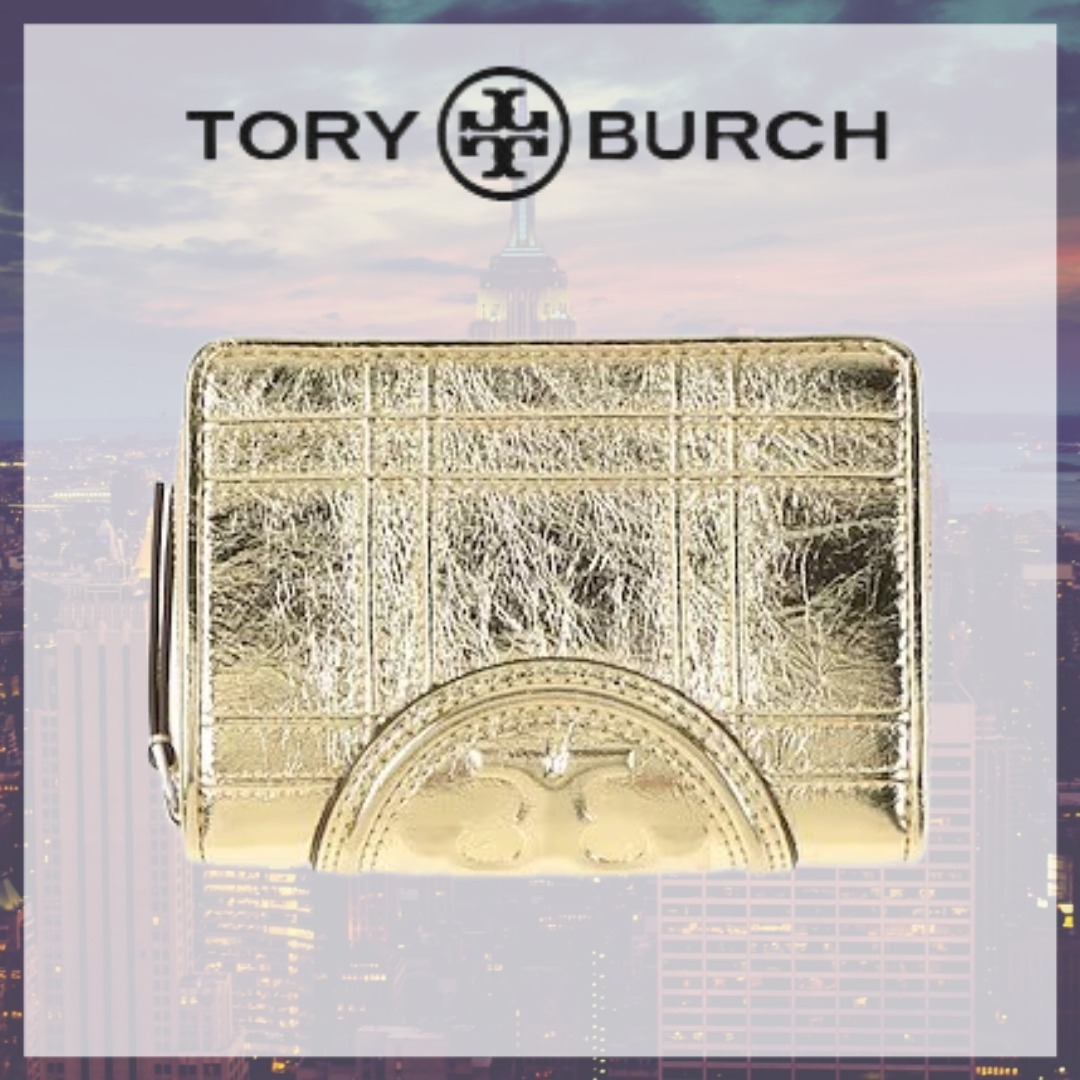 Tory Burch* ロゴ レザー メタリック 二つ折り財布 ゴールド