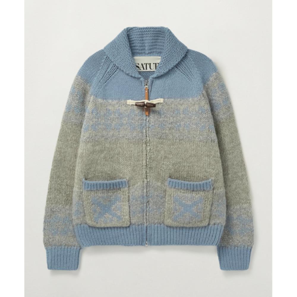 ◆SATUR◆ W Cowichan knit zip-up cardigan sky blue SA244WKC1