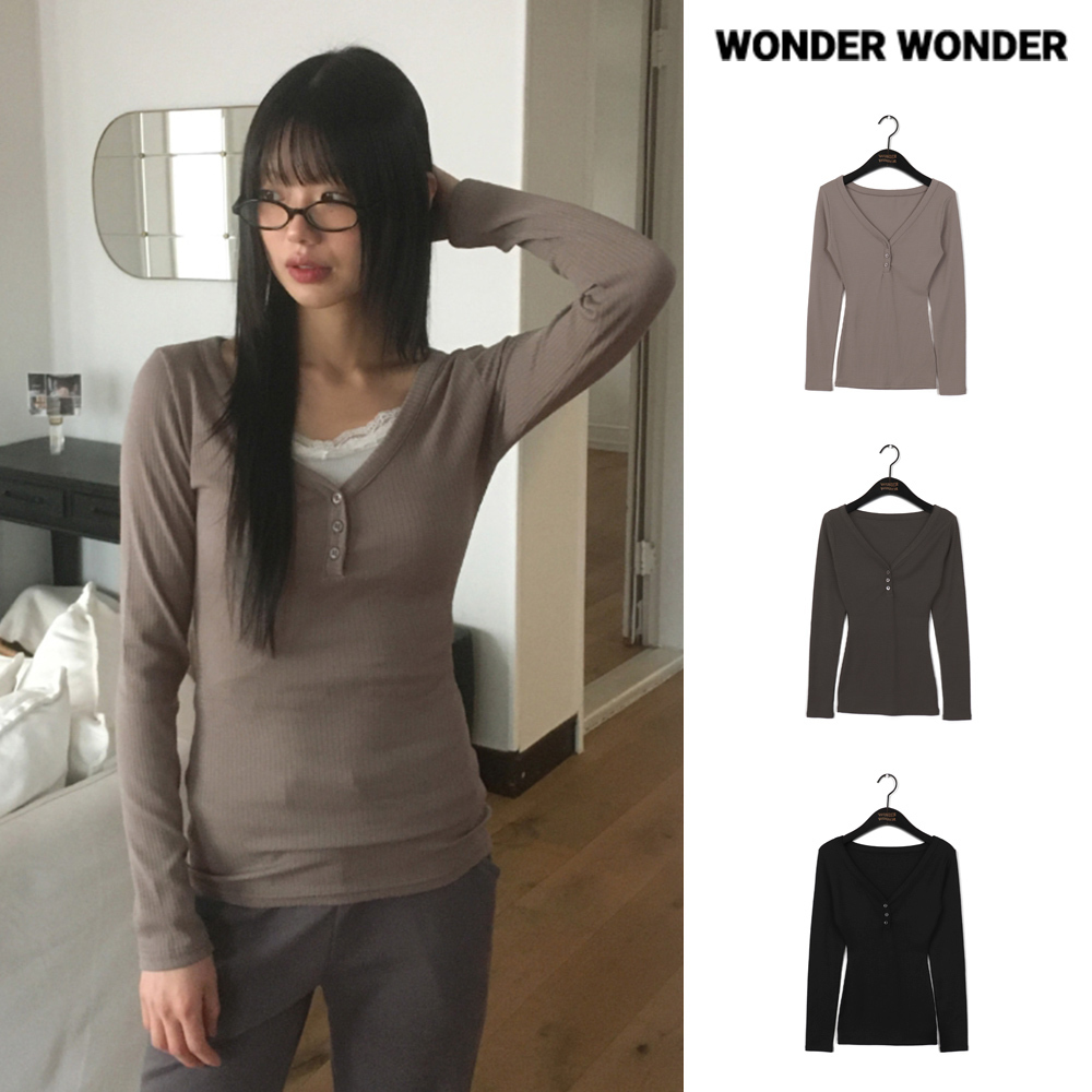 【WONDER WONDER】Ssotu Ribbed Button Slim Fit V-Neck T-shirt