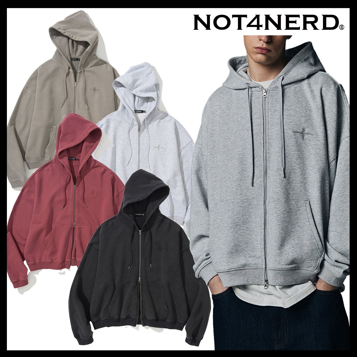 【NOT4NERD】4 Cross Symbol Pigment Hood Zip Up / 追跡付