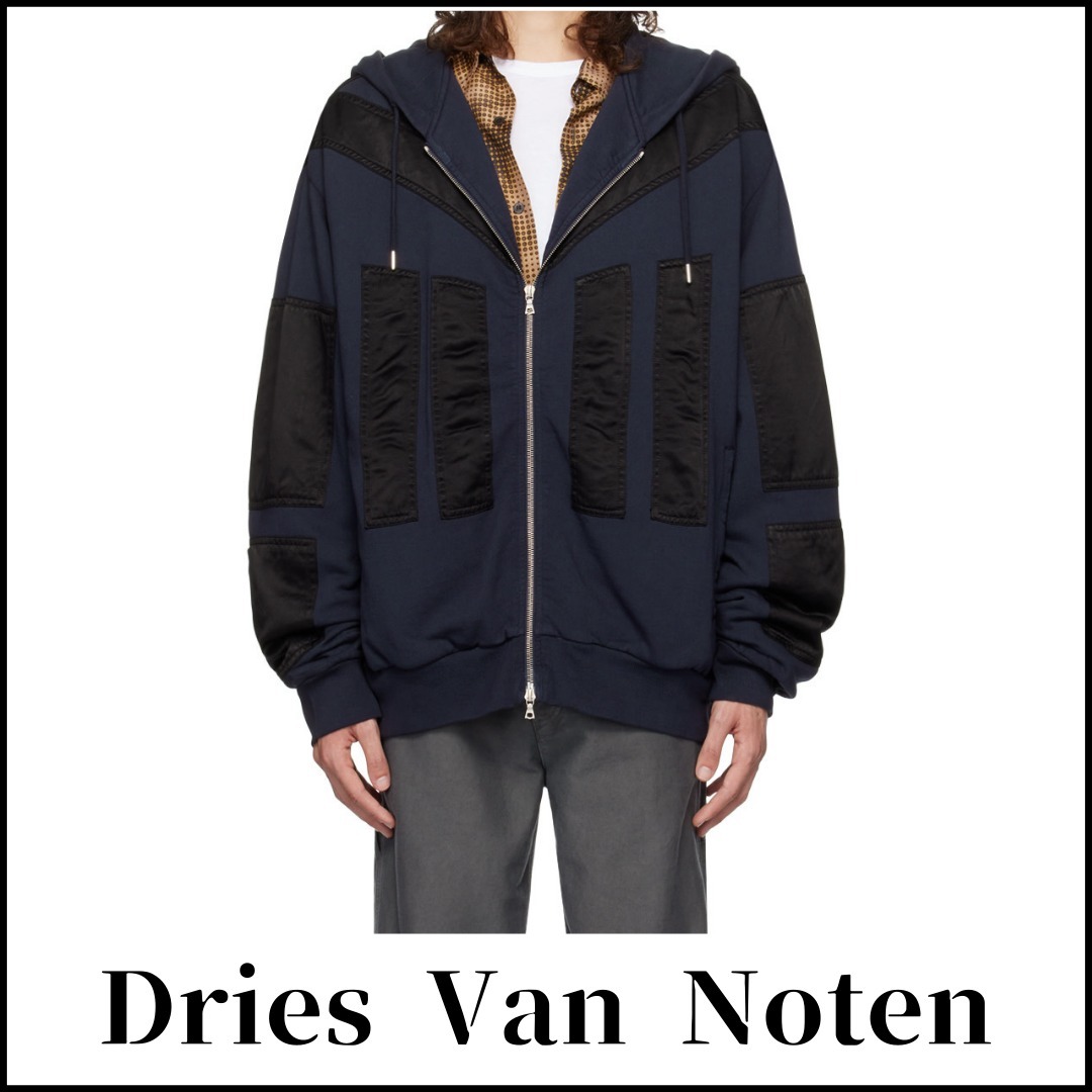 【Dries Van Noten】ネイビー サテン パネル フーディ