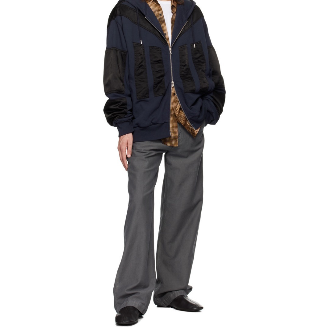 Dries Van Noten】ネイビー サテン パネル フーディ (Dries Van