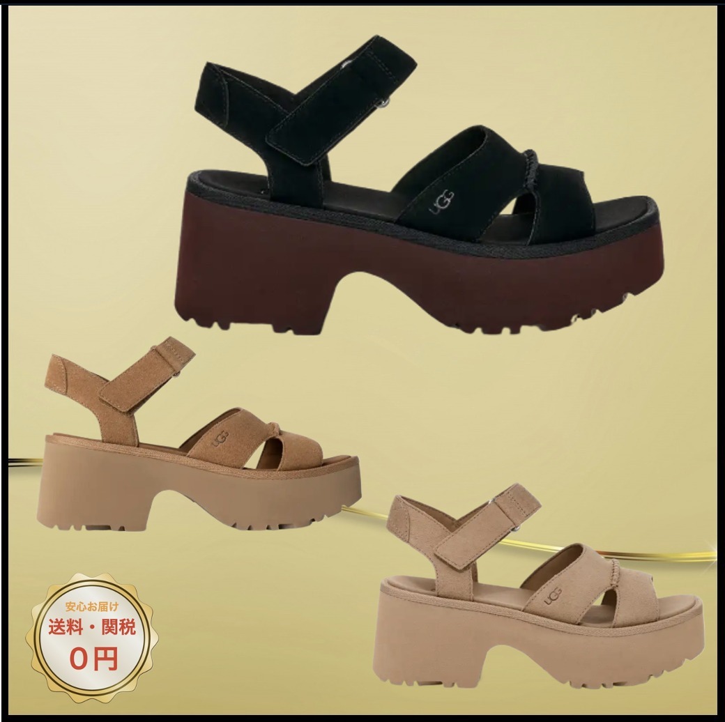 関税込み♪【UGG】New Heights 厚底 ★ロゴ スエード サンダル