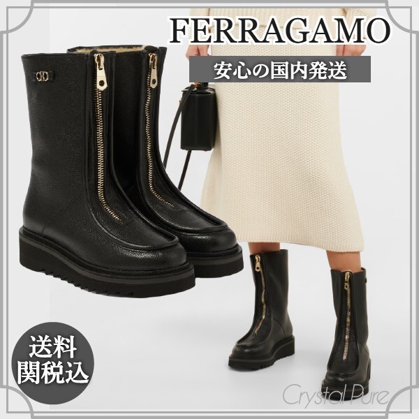 【FERRAGAMO】ロゴ レザー ショートブーツ 【送料関税込】