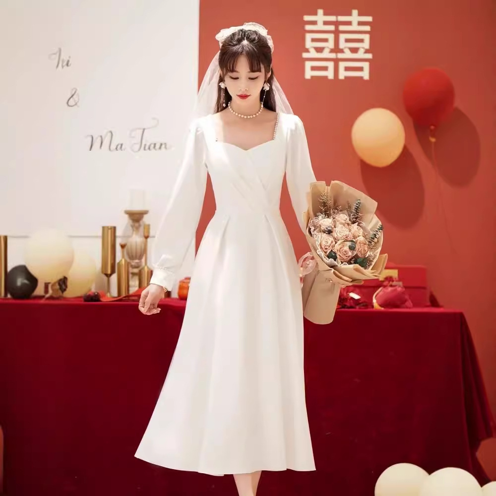 パーティードレス タイト フレア 結婚式 ホワイト ロング 韓国