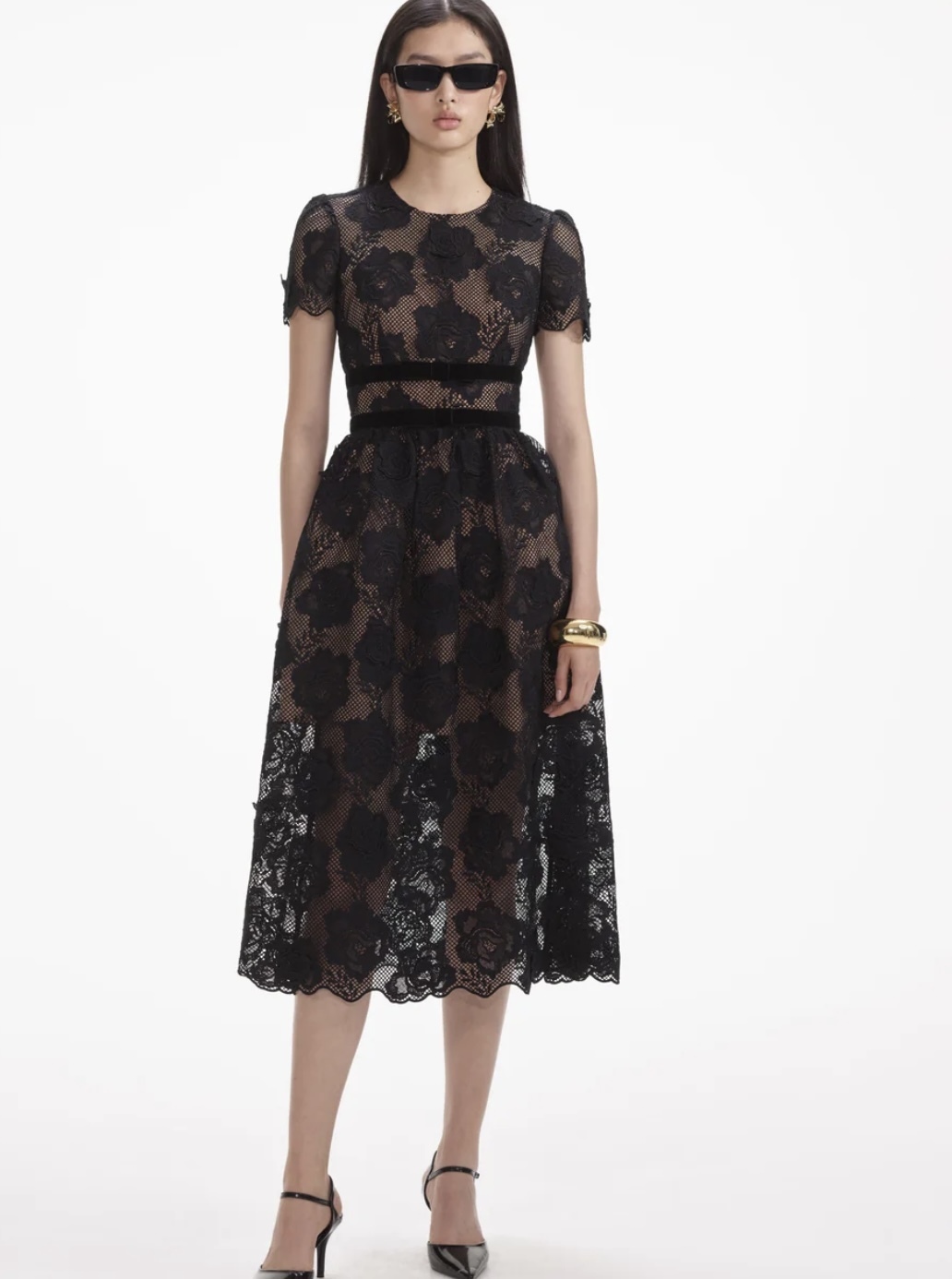 SALE《Self-Portrait》Black Lace Velvet Bow Midi Dress