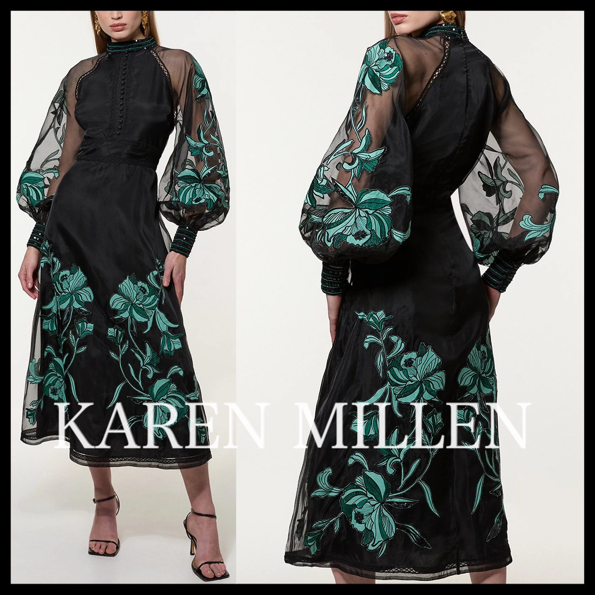 KAREN MILLEN* フローラル刺繍 オーガンジー 織りミディドレス
