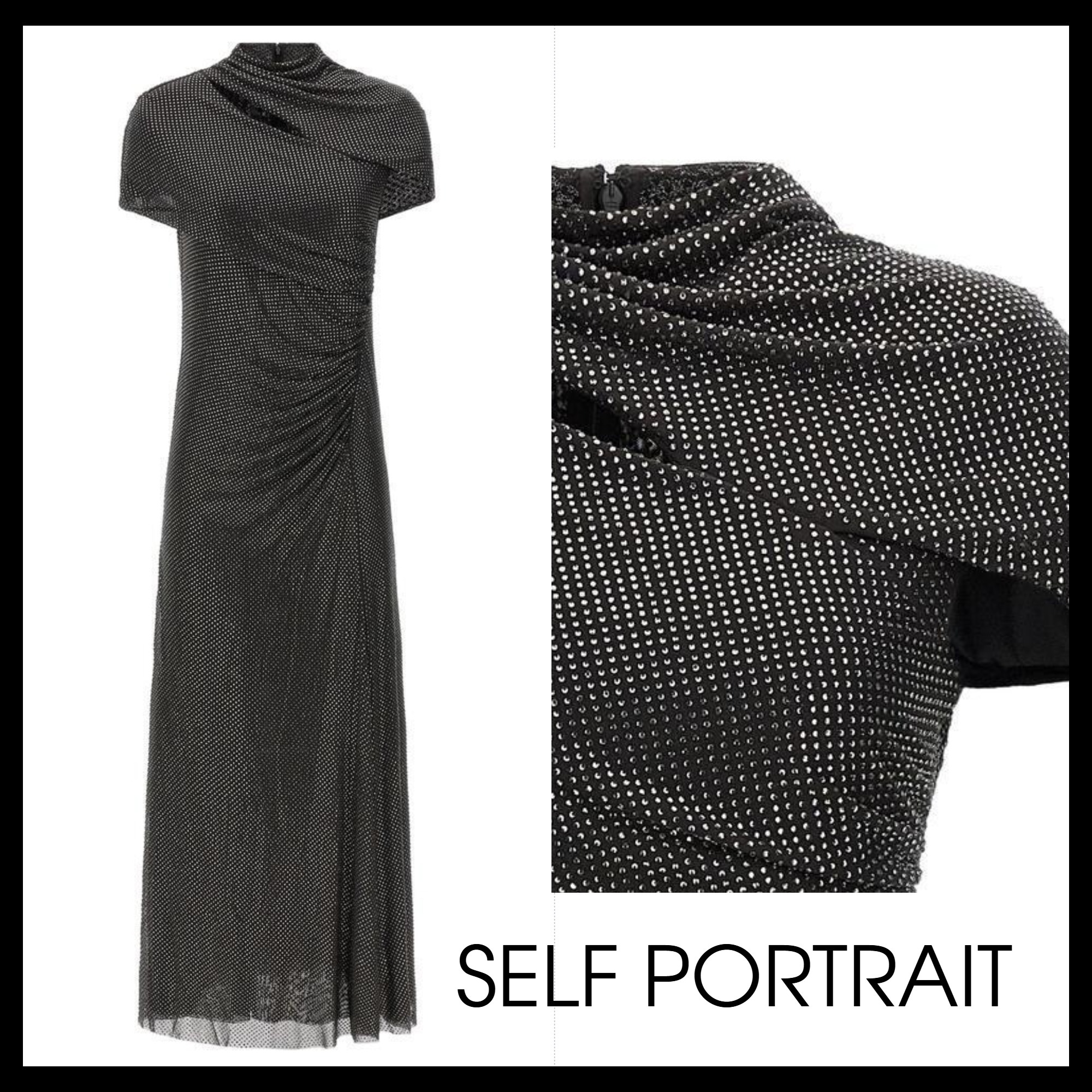 【SELF PORTRAIT】Slate Rhinestone メッシュ Cut Out ドレス