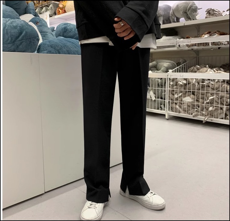 韓国 スリットスラックス メンズ ブラック ストレートパンツ