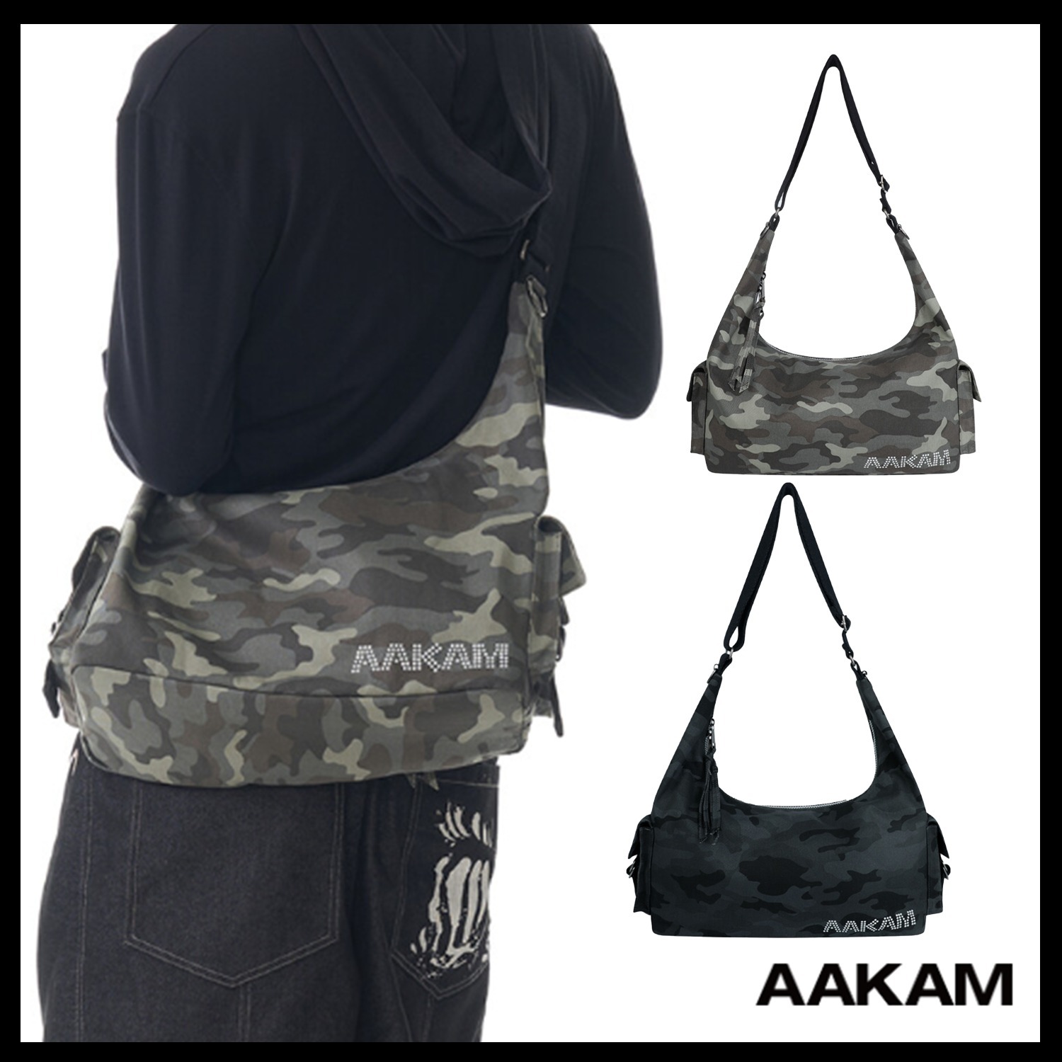 【AAKAM】Camouflage Studded Logo Cross Bag★韓国人気★追跡付