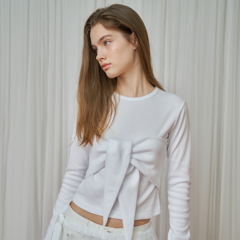 Tシャツ・カットソー RONRON KNOT BUSTIER RIBBON LONG SLEEVE T SHIRT WHITE