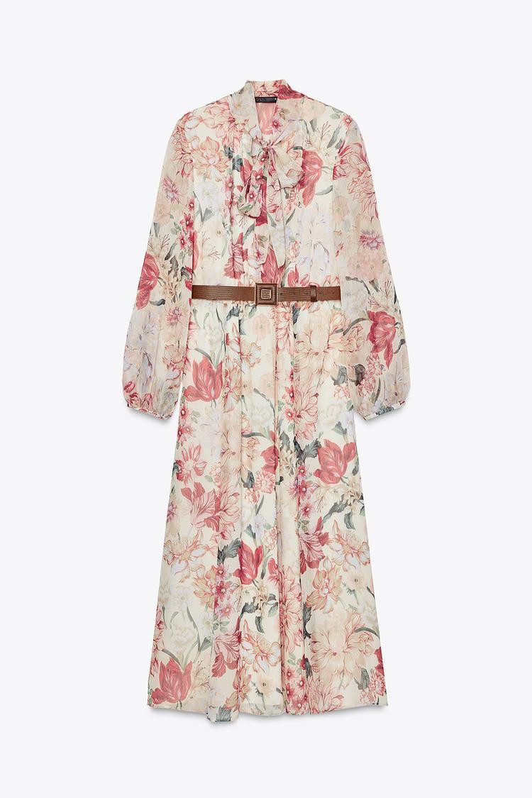 ZARA】花柄プリントミディ丈ワンピース ベルト付き2507/147