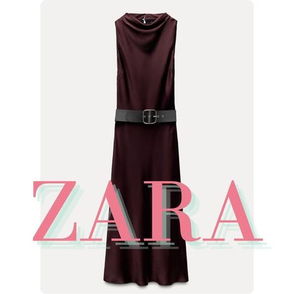 【ZARA】サテン地ミディ丈ワンピース ベルト付き 2277/302/716 ZARA】サテン地ミディ丈ワンピース ベルト付き 2277/302/716
