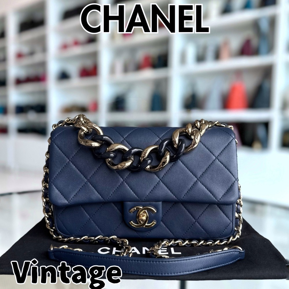 【ヴィンテージ】Rank:S☆Chanel Dark Blue Resin GHW No29 Flap