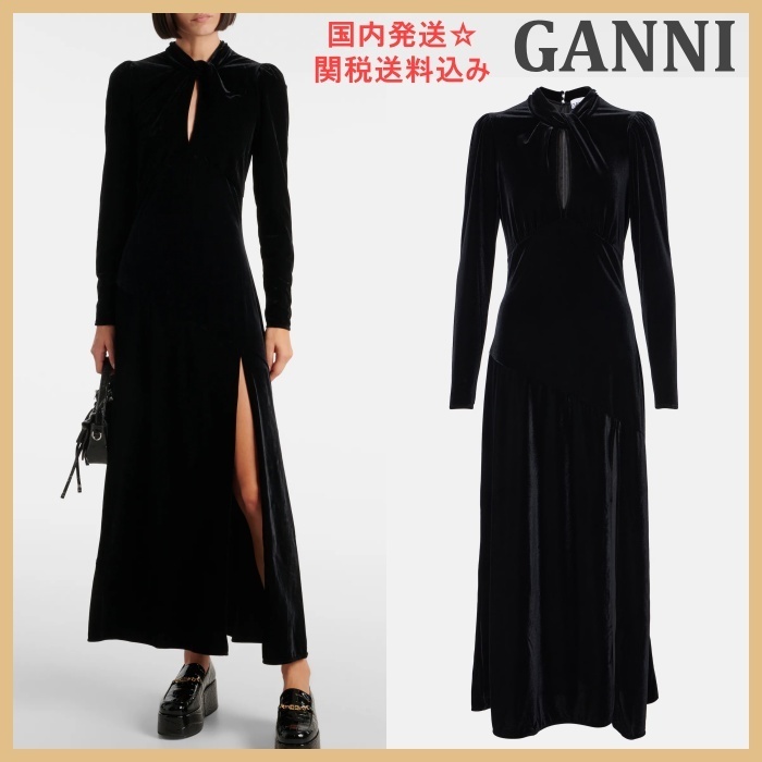 【GANNI】カットアウト ベルベット ミディドレス＊関税/送料込み