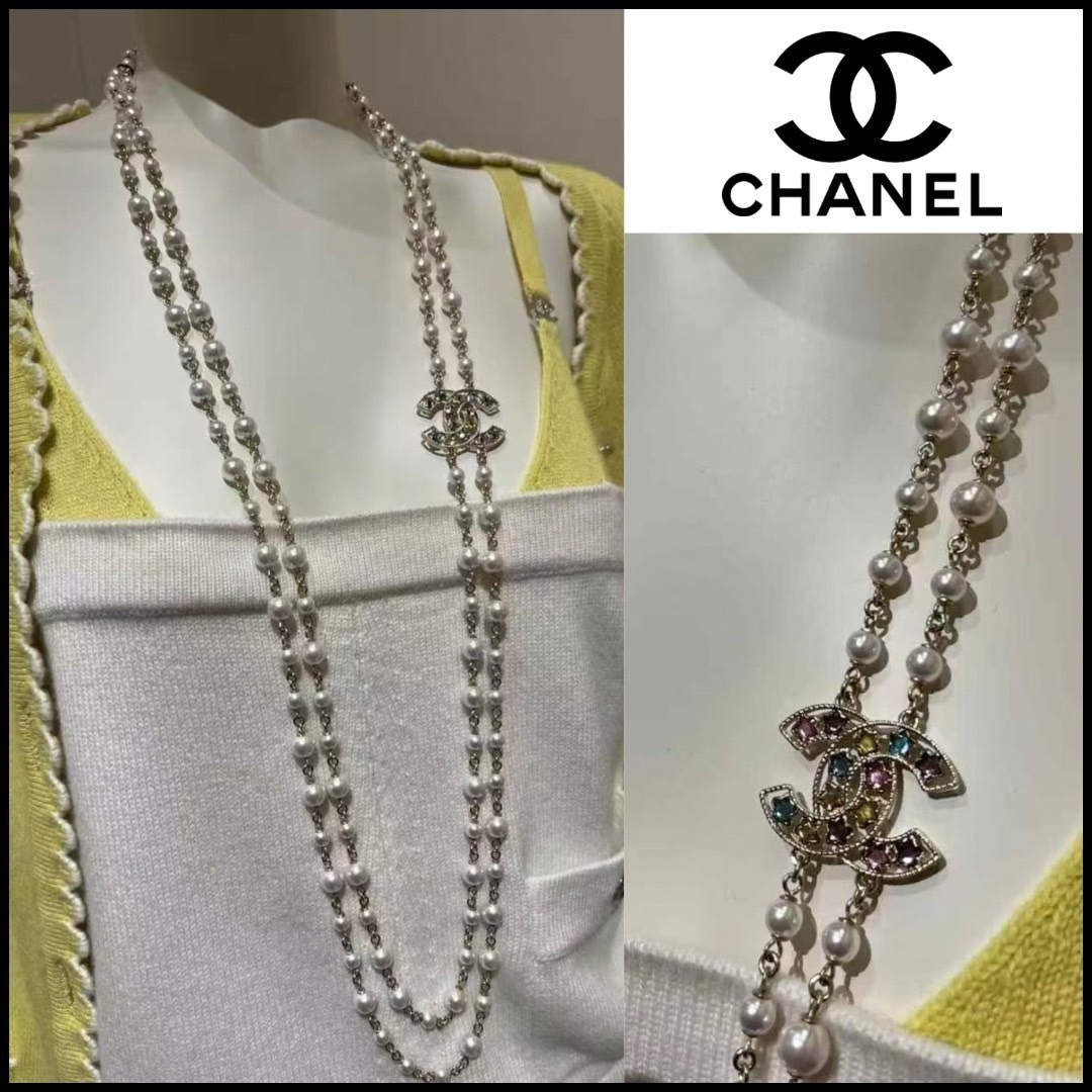 ２連パール×カラフル星ロゴ☆【CHANEL】25P ロングネックレス