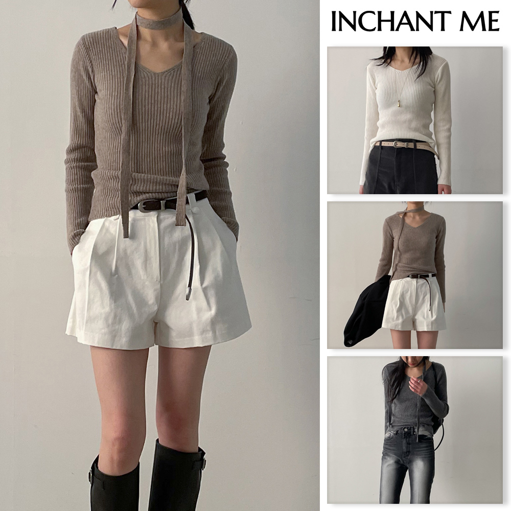 【INCHANT ME】[Tie SET] Sheep V-neck Knit T-shirt