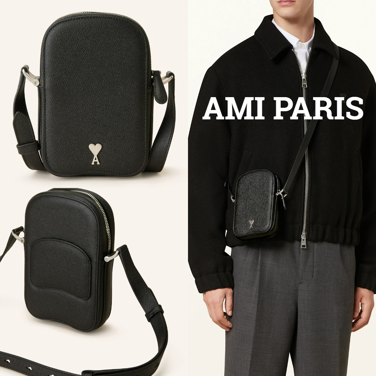 ユニセックス*AMI PARIS*レザーミニショルダーバッグ ロゴ入