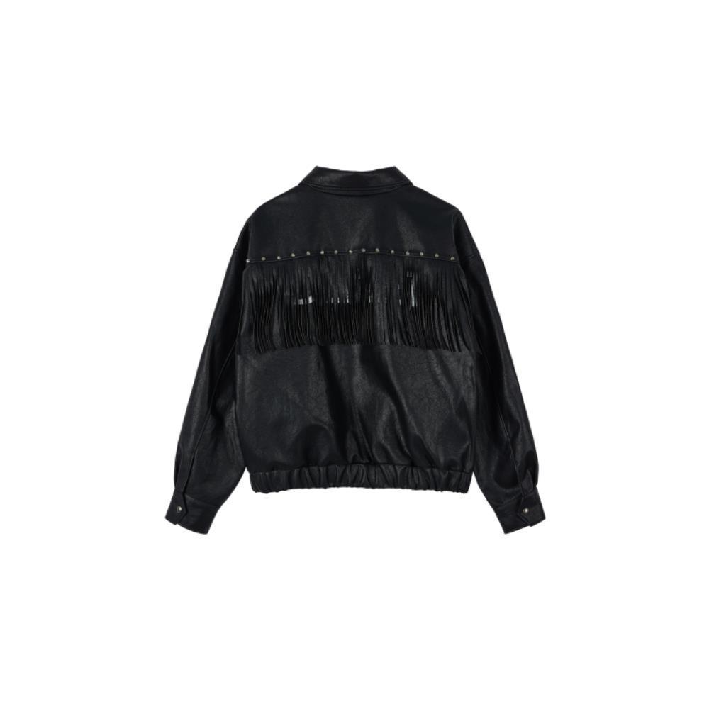 ◆DEINET◆ FRINGE CURTAIN LEATHER JACKET IN BLACK KDPJI4F821