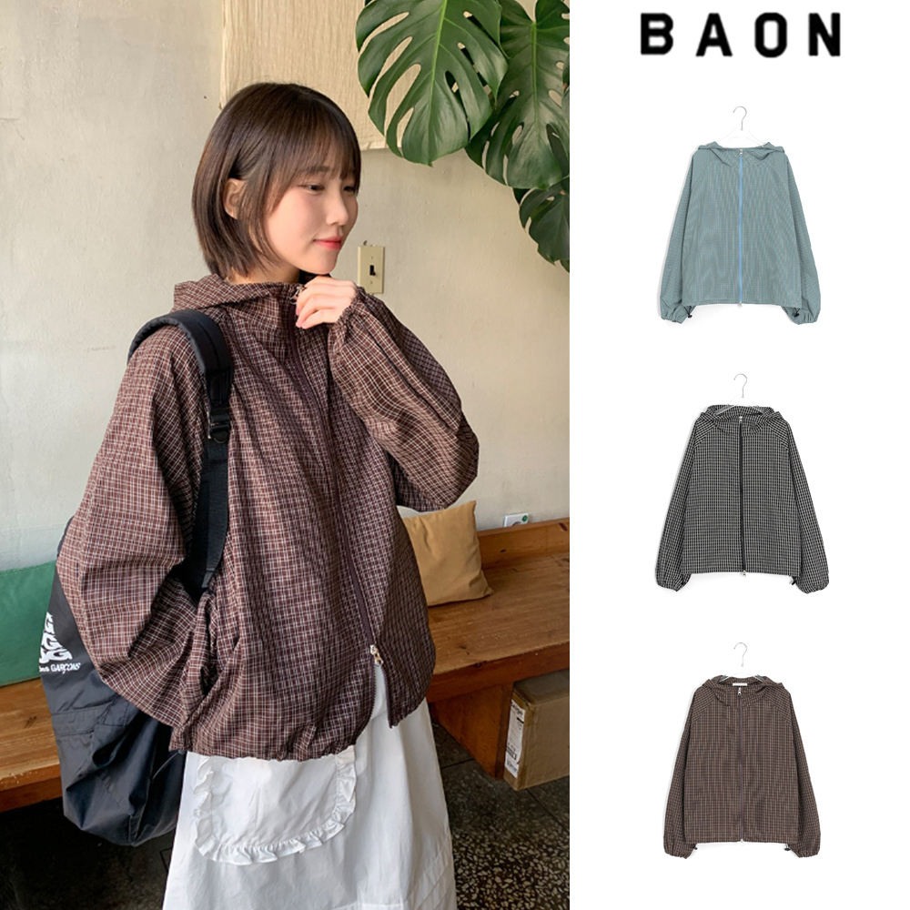 【BAON】Henet small check two-way string crop hood zip-up