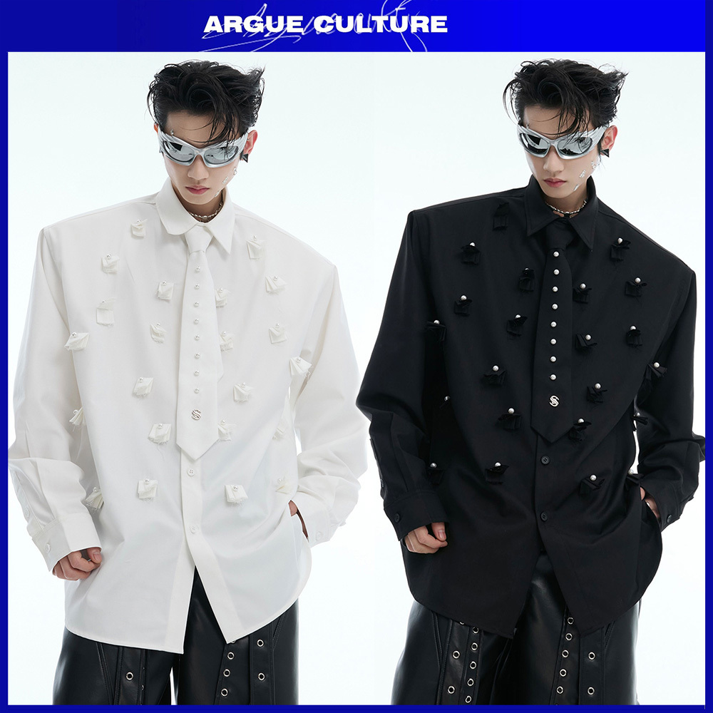 ArgueCultureネクタイ付き華やかビジューシャツ 肩パッド入り