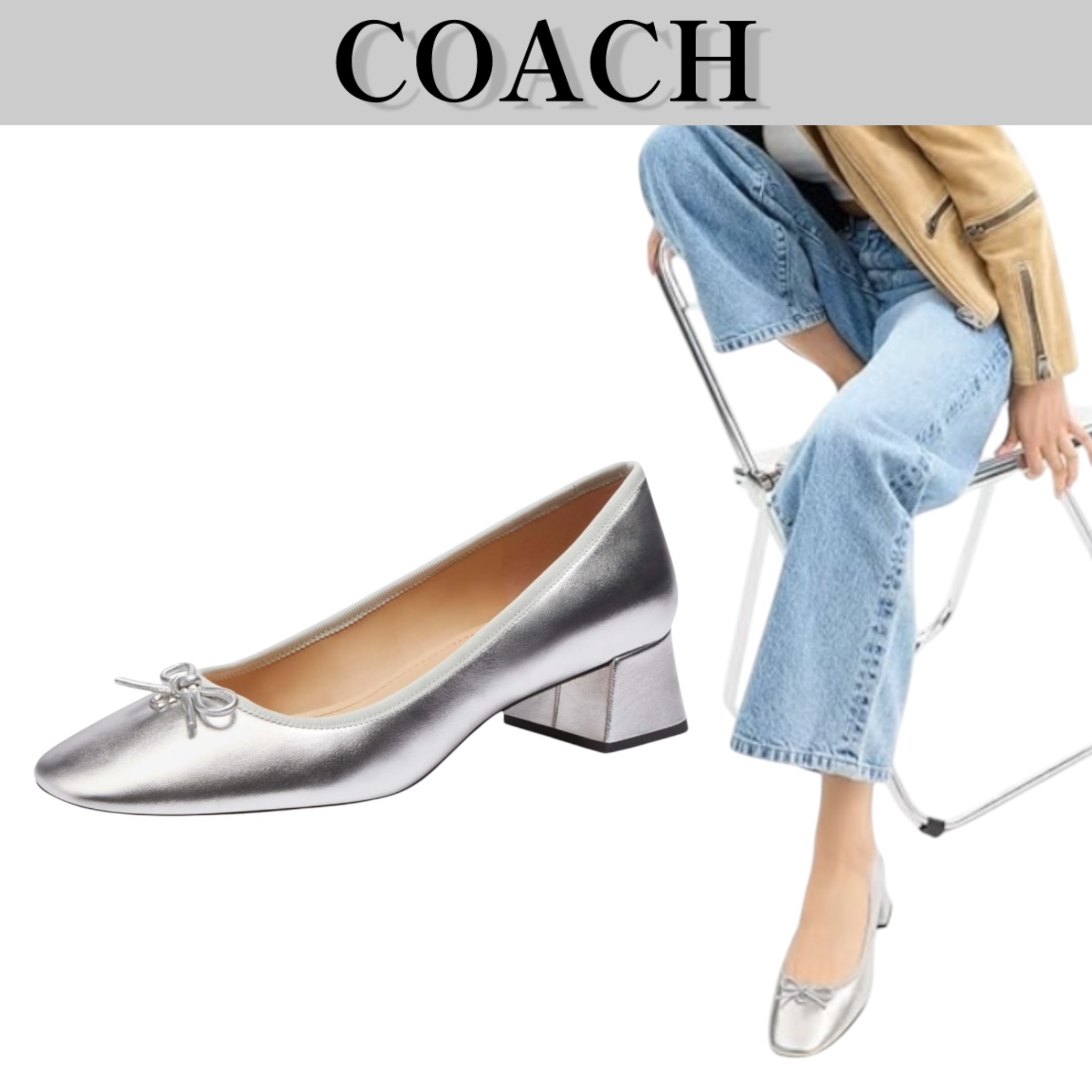 送料追跡込【COACH】Ava Ballet Pump バレエ パンプス シルバー