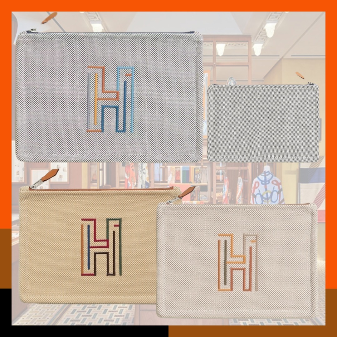 HERMES 新作 ポーチ 人気 コットン100% 刺繍 H Labyrinthe