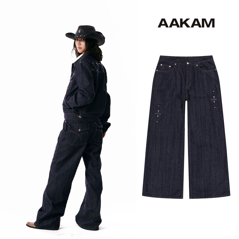 ◆AAKAM◆ Western Studded Denim Pants Dark Blue