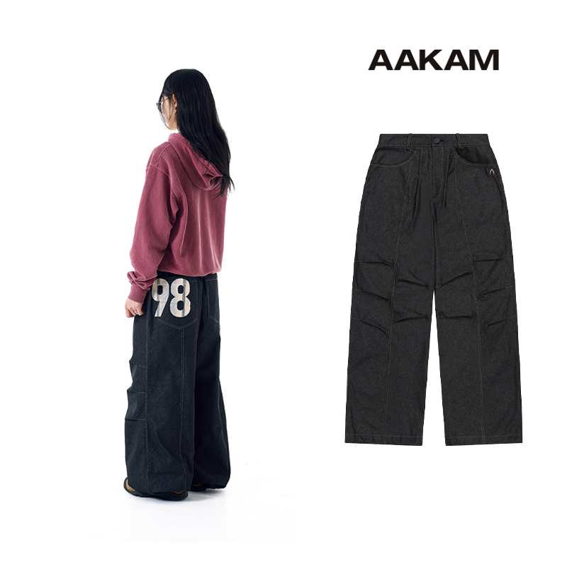◆AAKAM◆ 98 Printed Knee Pintuck Denim Pants Black