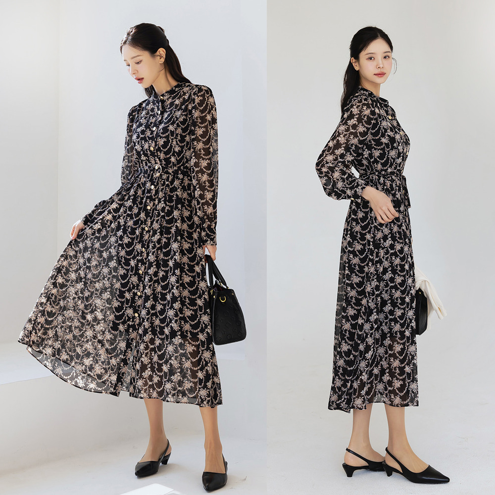 Rodia Floral Chiffon Flared Dress ワンピース (BLACK)