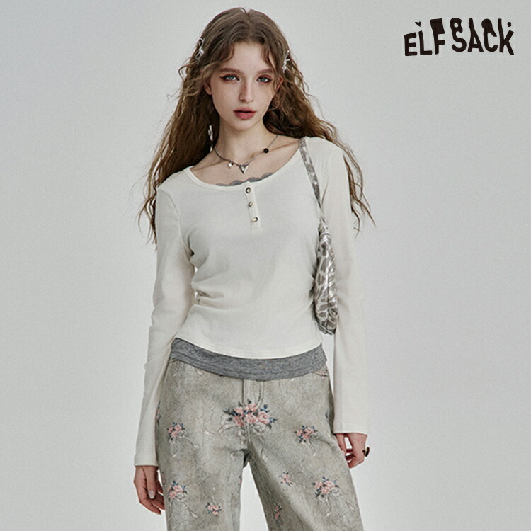 ELFSACK Tシャツ トップス ニット 長袖 重ね着風 レース