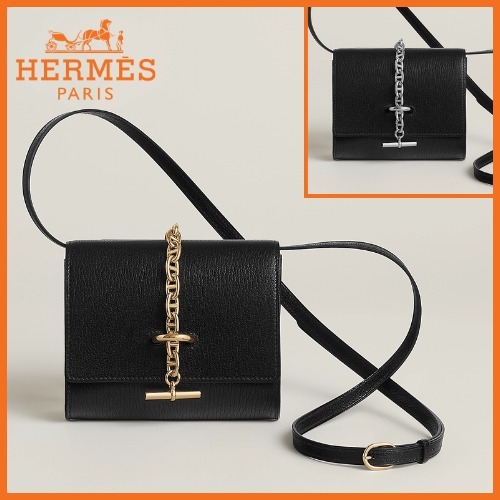 大人気 HERMES シェーヌダンクル 財布 黒 ショルダーウォレット