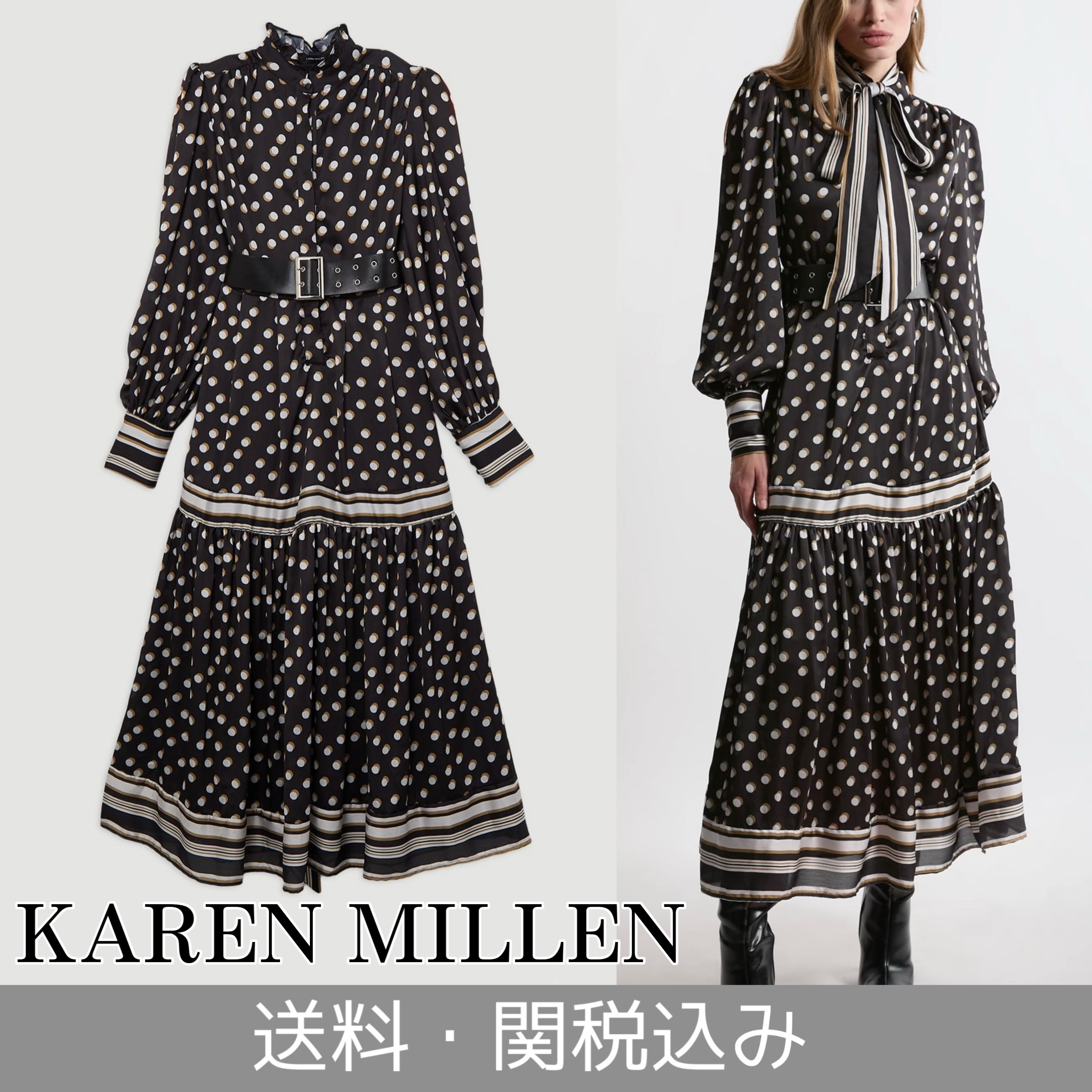 関税・送料込 Karen Millen ドット柄ティアードワンピース
