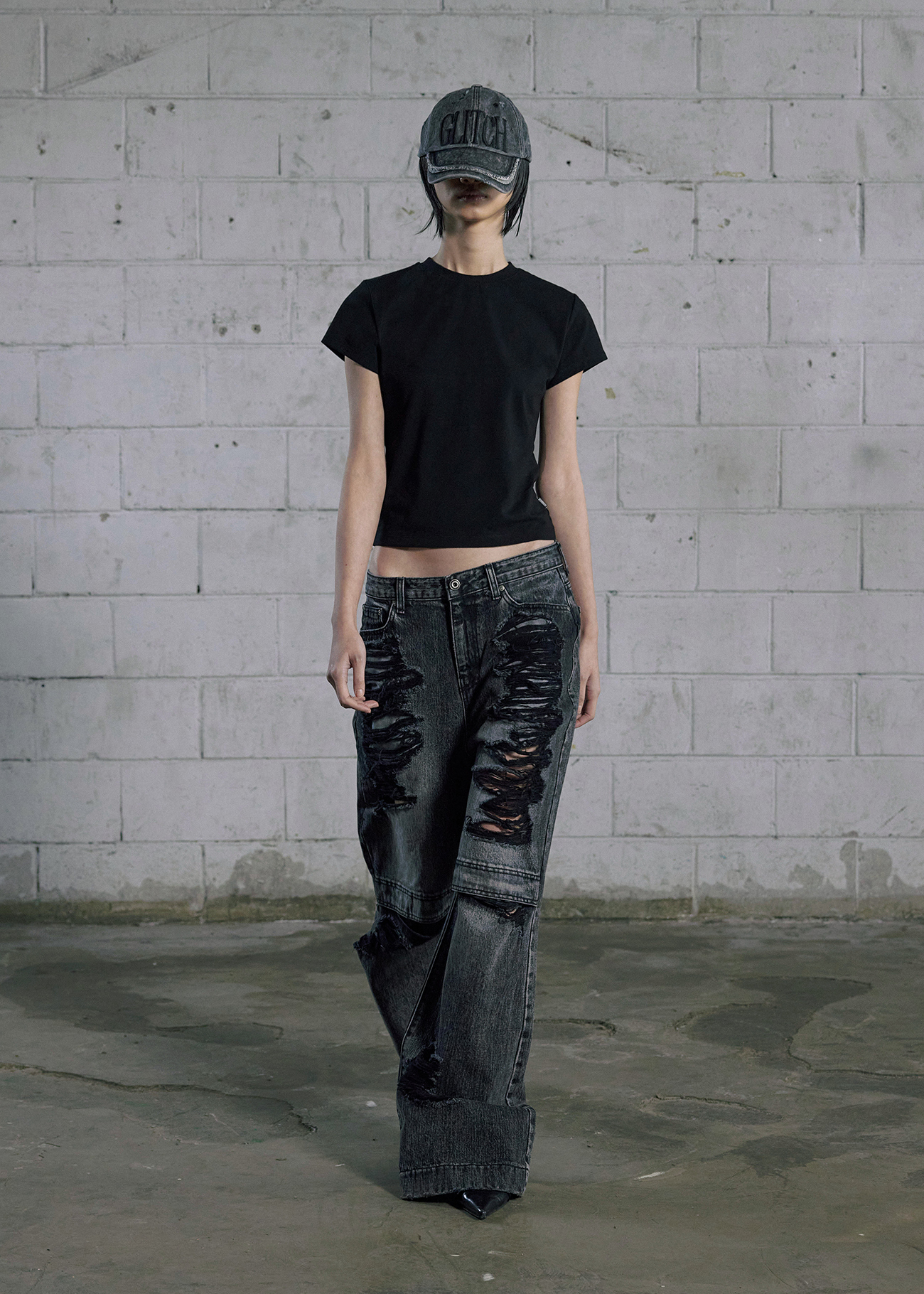 【BOHEMSEO】\"25SS\" KNEE OPEN RIPPED WIDE JEANS, GRAY 正規品