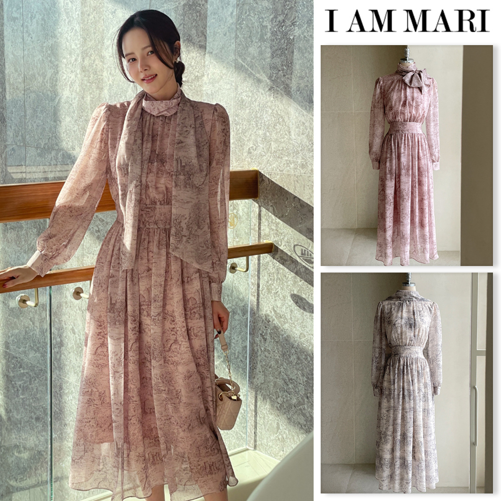 【I AM MARI】25SS★ Fate printed chiffon shirring tie OP