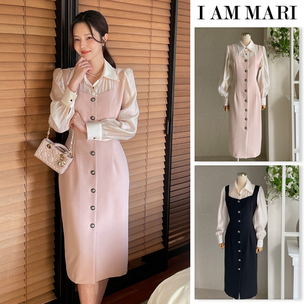【I AM MARI】Robarue Shirred Collar Color Matching One Piece
