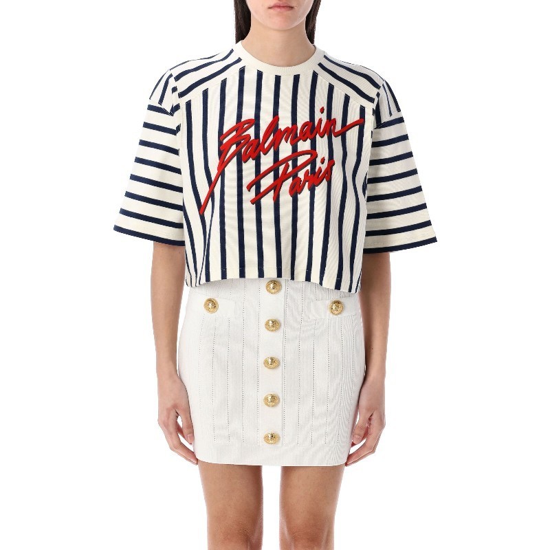 Tシャツ・カットソー BALMAIN CROPPED BALMAIN BASEBALL T-SHIRT (EF1EE080BC95 GOU)