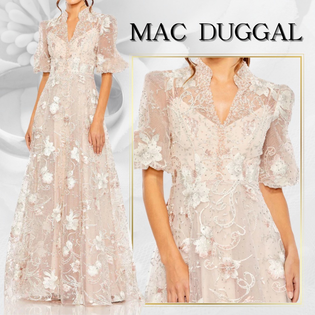【MAC DUGGAL】ロングドレス ピンク Aライン パフスリーブ 花